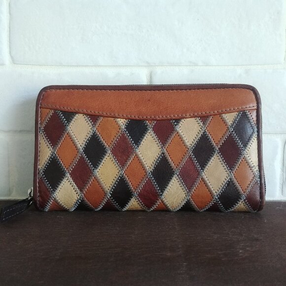 Genuine leather brown tan cream patchwork stitched wallet - Picture 1 of 16